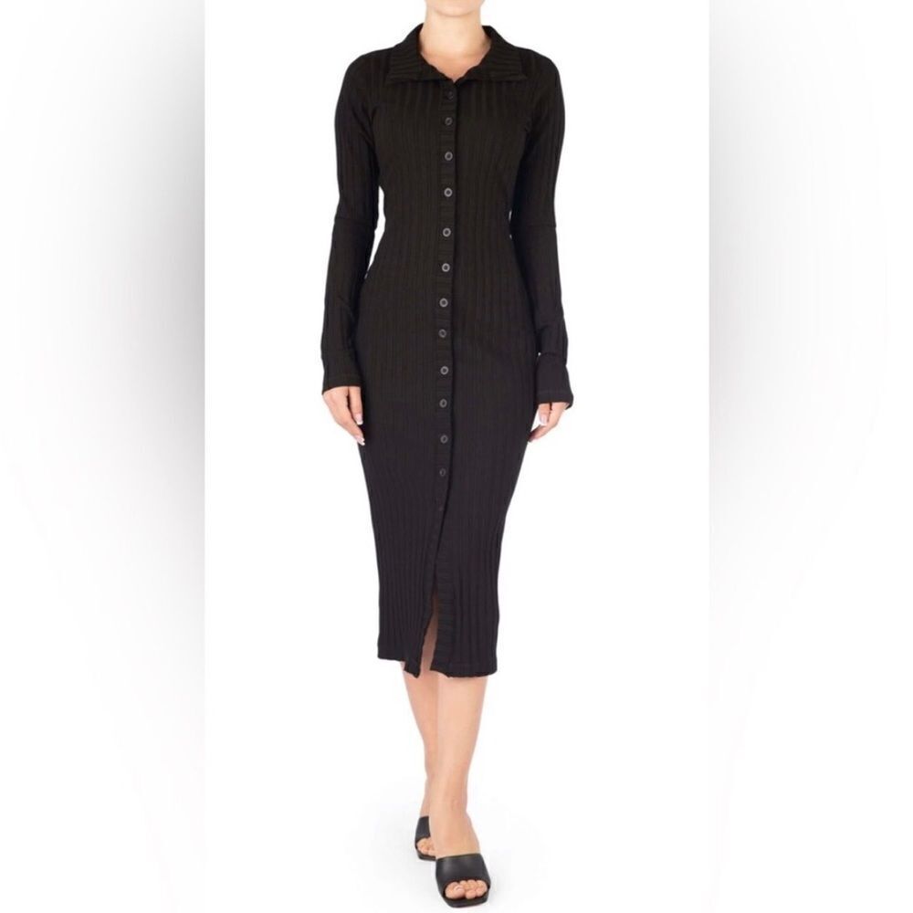 Good American XS Wide Ribbed Button Down Midi Dress Black